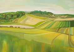 an oil painting of green fields with hills in the background