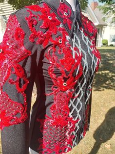 Women's small western, day, show, equestrian shirt. Zip front. Lost of stretch and sparke. Custom design red lace with gold and silver rhinestones, sequin and beading.  Size adult small Western Bling Shirts, Western Style Button-up Shirt For Western-themed Events, Womens Western Show Shirts, Western Showmanship Jackets, Equestrian Shirt, Western Show Shirts, Custom Design Shirts, Red Lace, Silver Rhinestone