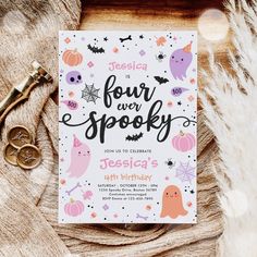 a birthday card with the words,'four and spooky'on it