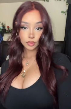 Maroon Chocolate Hair, Red Hair On Morena, Dark Red Hair Color Brown Skin, Dark Cherry Red Hair Pale Skin, Latina Dark Red Hair, Burgundy Hair With Green Eyes, Dark Red Hair Hairstyles, Light Skin Latina Hair Color