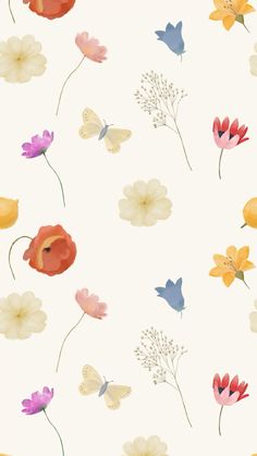 an image of flowers and butterflies on a white background with blue, pink, yellow, orange