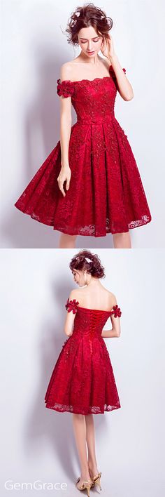 off shoulder style trending Red Fitted Off-shoulder Cocktail Dress, Red Off-shoulder Mini Dress For Evening, Red Off-shoulder Mini Dress For Cocktail, Red Knee-length Mini Dress For Prom Season, Red Lace Knee-length Mini Dress, Short Lace Wedding Dress, Short Wedding Dresses, Prom Dresses For Teens, Night Dresses