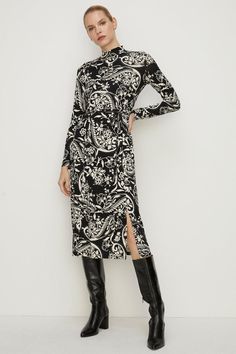 Style: Midi DressDesign: PaisleyFabric: Soft TouchNeckline: Funnel NeckSleeve Length: Long Sleeve Oasis Fashion, Petite Dresses, Funnel Neck, Quick Delivery, Funnel, Dress Collection, Oasis, High Neck Dress, Paisley