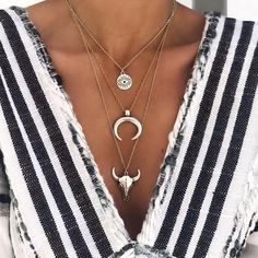 adjustable chain clasp closure * free of lead, nickel, and cadmium Vintage Pendant Necklace, Silver Link Chain, Layered Necklaces Silver, Multi Layer Necklace, Moon Pendant Necklace, Tassel Jewelry, Long Chain Necklace, Crystal Necklace Pendant, Moon Pendant