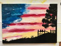 an acrylic painting of a sunset with trees and fence