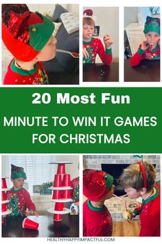 Children playing Christmas-themed "Minute to Win It" games, while wearing festive hats and sweaters. Reindeer Ring Toss Game, Snowball Toss Game Christmas Parties, Christmas Zoom Games, Christmas Reindeer Games For Family, Reindeer Party Games, Family Games To Play At Christmas, Christmas Kid Games, Fun Xmas Games, Minute To Win It Christmas Games