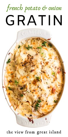 the cover of french potato and onion gratin in a white casserole dish