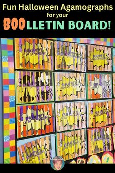 Halloween-themed agamographs from Art with Jenny K. Bulletin Board Ideas For Elementary, Halloween Bulletin Boards, Classroom Decoration Ideas, Expository Writing, Primary And Secondary Colors, Fun Fall Crafts, Thanksgiving Craft