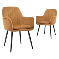 two brown chairs sitting next to each other on top of a white surface with black legs