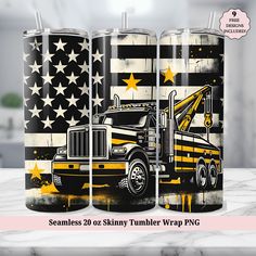 three black and yellow tumblers with an american flag in the background