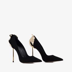 Black suede pump - Le Silla Luxury Gold Suede Heels, Sleek Suede Heels For Party, Gold Suede High Heels, Luxury Suede Evening Heels, Luxury Suede Heels For Evening, Luxury Suede Heels For Gala, Gold Suede Pointed Toe Heels, Gold Suede Heels For Party, Luxury Gold Heels With Contrasting Heel Counter