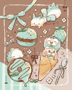 an image of some cartoon animals eating icecream and donuts with snowflakes on them