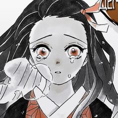 a drawing of a girl with brown eyes and long black hair, holding her hand up to her face