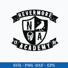 the nevermoren academy logo is shown in black and white with an image of a man