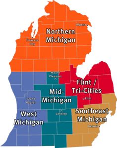 a map of the united states with cities and major towns in red, orange, blue, yellow and green