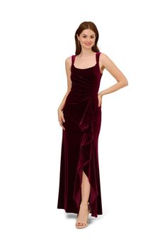 Sweet fabric and subtle details make this velvet mermaid gown a luxurious look. This formal dress features a fitted bodice with scoop neckline and tank straps, a mermaid skirt, and draped ruffle details that start at the waist and run down the skirt slit. Crafted from elegant velvet, this strapless gown features shirred details through the body and at the back. A zipper closure at the center back completes this evening gown. Style this velvet dress with metallic high heels and a beaded clutch to create an unforgettable look for your next formal or black-tie event. Velvet Mermaid Gown, Metallic High Heels, Ruffled Gown, Formal Wedding Guest Dress, Best Wedding Guest Dresses, Refined Fashion, Ruffle Gown, Gown Style, Strapless Gown