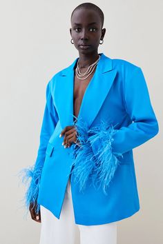 Satin Single Breasted Feather Cuff Blazer | Karen Millen Blue Blazer Outfits For Women, Feather Cuff, Structured Blazer, Blazer Outfits For Women, Jacket Collection, Blue Crafts, Strong Shoulders, Blazer Style, Blazer Blue