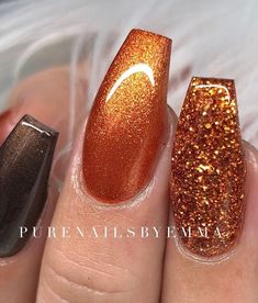 Black And Orange Glitter Nails, Bronze Nails Acrylic Glitter, Black And Orange Sparkle Nails, Copper Sparkle Nails, Brown And Orange Glitter Nails, Gold Glittery Nails, Thanksgiving Nail, Glittery Nails, 2024 Nails