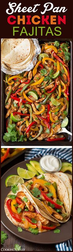 chicken fajitas with peppers, onions and cilantros on a plate