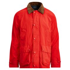 AUTHENTICITY GUARANTEED Brand: Polo Ralph Lauren Style: Leather Trimmed Barn Jacket Color: Bonfire Red Description: This version of the classic barn coat gets a modern upgrade with durable Japanese twill and leather accents yet retains its iconic details like the corduroy collar and roomy pockets. Size medium has a 31¼" front body length, a 31" back body length, a 47" chest, and a 35½" sleeve length. Sleeve length is taken from the center back of the neck and changes ¾" between sizes. Point coll Classic Winter Hunting Utility Jacket, Classic Hunting Outerwear With Flap Pockets, Classic Single Breasted Sport Coat For Outdoor, Classic Single-breasted Sport Coat For Outdoors, Classic Utility Jacket With Padded Collar For Outdoor, Classic Sport Coat With Padded Collar For Outdoors, Red Leather Outerwear With Pockets, Red Fall Outerwear With Patch Pockets, Classic Outdoor Sport Coat With Button Closure