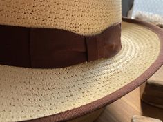 Genuine toquilla straw Chocolate brown hatband and binding Brim: 2-3/8" Crown: 4" Ready to ship Store credit or exchange only Hat Band, Chocolate Brown, Fedora, Binding, Straw, Crown