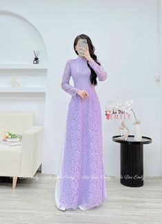 🌻Material: Lace and silk , double layers Stretchy level: 1/10 🌻 The measurement of this ao dai (long dress) is in Vietnamese size (American size tends to be bigger for the same size). Please LOOK AT THE SIZE CHART CAREFULLY BEFORE ORDERING. There might have some chalk writings on the fabric due to making process. These marks can be washed away easily. 🌻🌻No returns or exchanges Buyer can contact seller about any issues with an order. 🌸 Follow us Facebook/aodaiemily www.aodaiemily.com 💜 Than Ao Dai Purple, Formal Floor-length Fitted Ao Dai, Formal Fitted Floor-length Ao Dai, Purple Long Sleeve Maxi Dress For Wedding, Spring Evening Ao Dai With Long Sleeves, Fitted Maxi Length Ao Dai For Evening, Fitted Long Sleeve Cheongsam For Wedding, Wedding Long Sleeve Fitted Cheongsam, Long Sleeve Cheongsam For Wedding