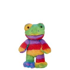 a colorful stuffed animal sitting on top of a white surface