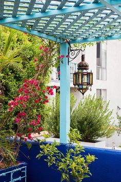 an outdoor patio with blue walls and flowers on the planter, next to a lamp post