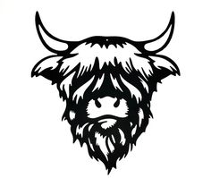 a black and white drawing of a bull's head with long horns on it