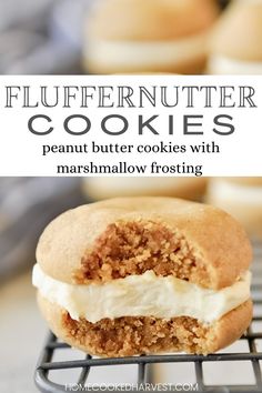 a close up of a cookie with marshmallow frosting on top and the words, fluffyen nut butter cookies