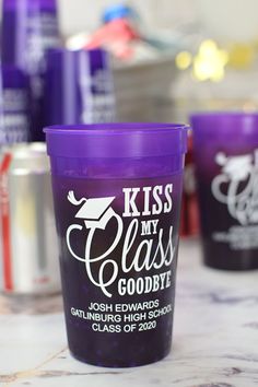 Translucent purple 22 oz stadium cups personalized with kiss my class goodbye graduation design and 3 lines of custom text in white print Graduation Party Colors, Senior Graduation Party, Graduation Party High, Favor Cups, Graduation Design, Stadium Cups, High School Graduation Party, Graduation Favors