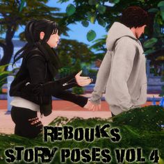 two people standing next to each other in front of trees and bushes with the words rebus story poses vol 4