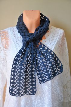 Crocheted Summer Cotton Scarf, Knit Weight Fashion Scarf , Handmade Summer Lace Wrap, Hand Crocheted Navy Blue Lacy Scarf Hand crocheted color navy blue Soft yarn 100% Cotton The dimensions of the scarf are approximately: 74,8 in (190cm) long, 6,2 in (16cm) wide Delivery time to most countries is 5-16 days. You can choose shipping via FedEx - 3-5 days Lacy Scarf, Blue Lacy, Scarf Knit, Scarf Handmade, Lace Wrap, Summer Lace, Fashion Scarf, Blue Soft, Cotton Scarf