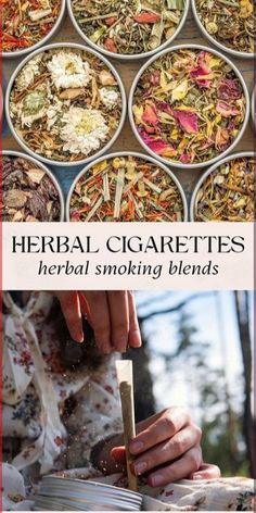 a woman is holding a knife in front of several bowls filled with different types of herbs