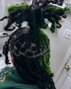 Different Color Locs Black Women, Dyed Freeform Locs, Dyed Hair Inspiration Locs, Dye Locs Ideas, Green And Black Locs, Loc Hair Colors, Locs Hair Color, Dreadlock Colors, Half Dyed Locs