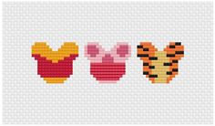 cross stitch pattern with three different types of knitted toys in the shape of hearts