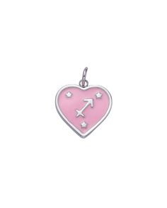 A heart shaped charm with a pink enamel zodiac design. Dimensions: 18mm Pink Heart Charms For Valentine's Day, Heart-shaped Pink Charms For Valentine's Day, Pink Heart Sterling Silver Charms, Pink Heart-shaped Sterling Silver Charms, Pink Sterling Silver Heart Charm, Sterling Silver Heart Charm In Pink, Personalized Pink Heart Charms, Pink Enamel Heart Pendant Jewelry, Pink Heart Pendant Charms As Gift