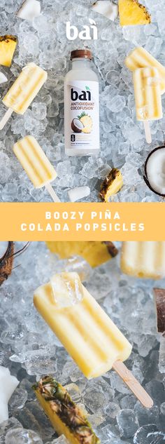 popsicles are being served on ice with the text boozy pina cola popsicles