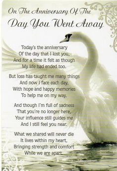 an anniversary card with a swan on it's back and poem written in the middle