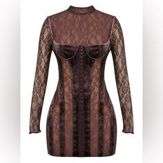 a women's brown and black dress with sheer lace on the shoulders, long sleeves, and an open neckline