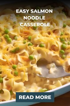 an easy noodle casserole recipe with peas and cheese in a blue dish