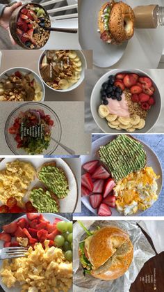 a collage of photos showing different types of breakfast foods and desserts on plates