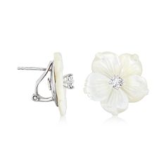 Ross-Simons - Italian Mother-of-Pearl, .40ct t. w. Cubic Zirconia Flower Earrings in Silver. This beautiful pair of earrings will cast an angelic aura over your entire ensemble. Made in Italy, the 20x20mm mother-of-pearl carved flowers are sparked with radiant .40 ct. t. w. round brilliant-cut CZs at their centers. Crafted in sterling silver. Clip/post, CZ and mother-of-pearl flower earrings. Pearl birthstones are the perfect gift for June birthdays. Elegant Flower Shaped Mother Of Pearl Earrings, White Classic Flower Earrings For Anniversary, Classic White Flower Earrings For Anniversary, Classic White Flower Earrings For Formal Occasions, Formal White Clip-on Flower Earrings, Elegant Mother Of Pearl Flower Earrings, Elegant Mother Of Pearl Flower Earrings For Weddings, Elegant Flower-shaped Mother Of Pearl Earrings, White Flower Clip-on Earrings For Formal Events