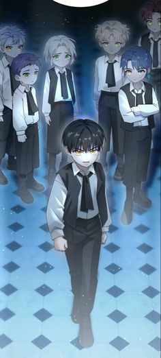 a group of anime characters standing in front of a black and white checkered floor