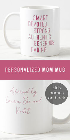 two coffee mugs with the words, personalized mom mug and kids names on them