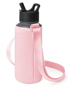 a pink insulated water bottle with a black lid and strap around the neck, on a white background