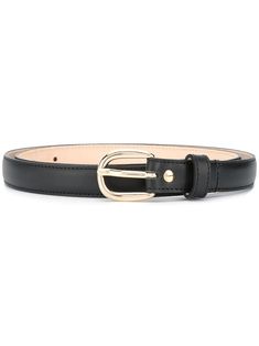 Black leather Rosette belt from A.P.C. featuring gold-tone buckle fastening, punch-hole detailing and stitched edge. Black Belt Buckles With Gold-tone Hardware For Work, Classic Belts With Gold-tone Hardware For Office, Leather Belt Buckles With Gold-tone Hardware For Work, Classic Gold-tone Belt Buckles For Workwear, Chic Leather Belt With Gold Buckle, Elegant Belt With Rectangular Gold-tone Buckle, Classic Belts With Gold Buckle For Work, Black Leather Belt Buckles With Gold-tone Hardware, Classic Leather Belt Buckles With Gold-tone Hardware