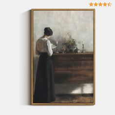 a painting of a woman standing in front of a table