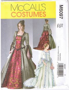 "McCalls #6097 Historical Costume Sewing Pattern Misses' Renaissance/Medieval/Victorian 2 Piece Dress Sizes: 6, 8, 10 & 12 This womens McCalls sewing pattern is new, uncut and complete with original factory folds. This pattern, made as a Renaissance or Victorian costume, would be also great for a bridal, formal, prom, evening wear, cocktail or party dress. The lined top has low, square neckline, peplum and back band with laced cord or ribbon closing. The skirt is gathered with detachable tra Victorian Dress Costume, Wedding Gown Patterns, Victorian Skirt, Victorian Wedding Dress, Victorian Gown, Bustle Dress, Costume Sewing Patterns, Historical Women, Victorian Costume