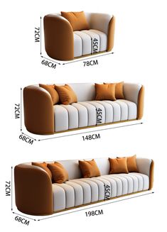 two different types of couches are shown with measurements for each seat and the other side